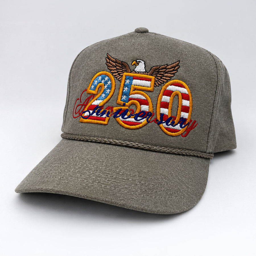 Gray cap with '250 Anniversary' eagle design on a white background