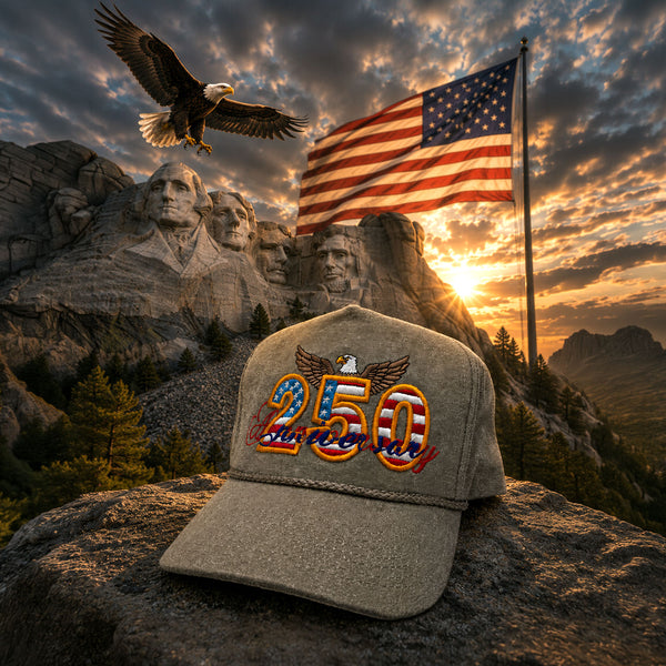 Cap with '250' design on Mount Rushmore with American flag and sunset